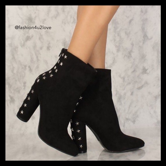Black Star Studded Accent Chunky Heel Booties - Picture 4 of 5
